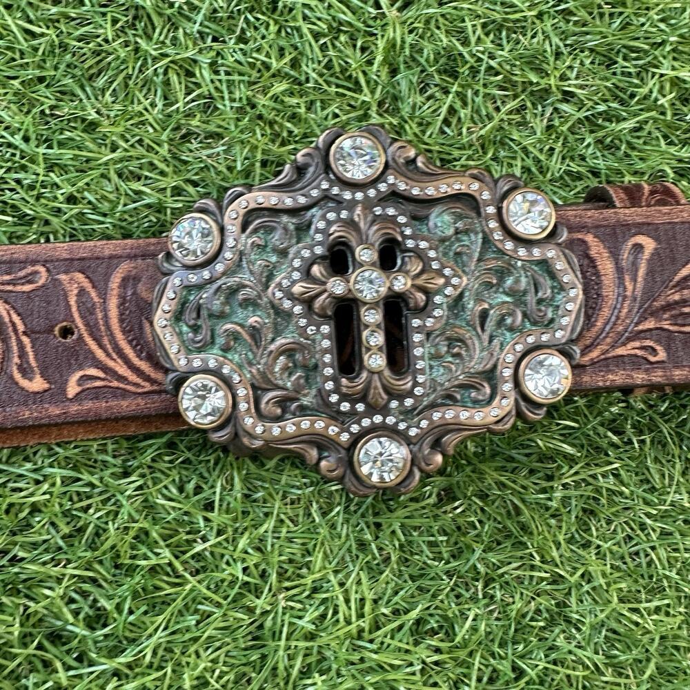 Tony Lama Brown Tooled Leather‎ Swarovski Crystals Concho Cross Western Belt 42 - Picture 3 of 9